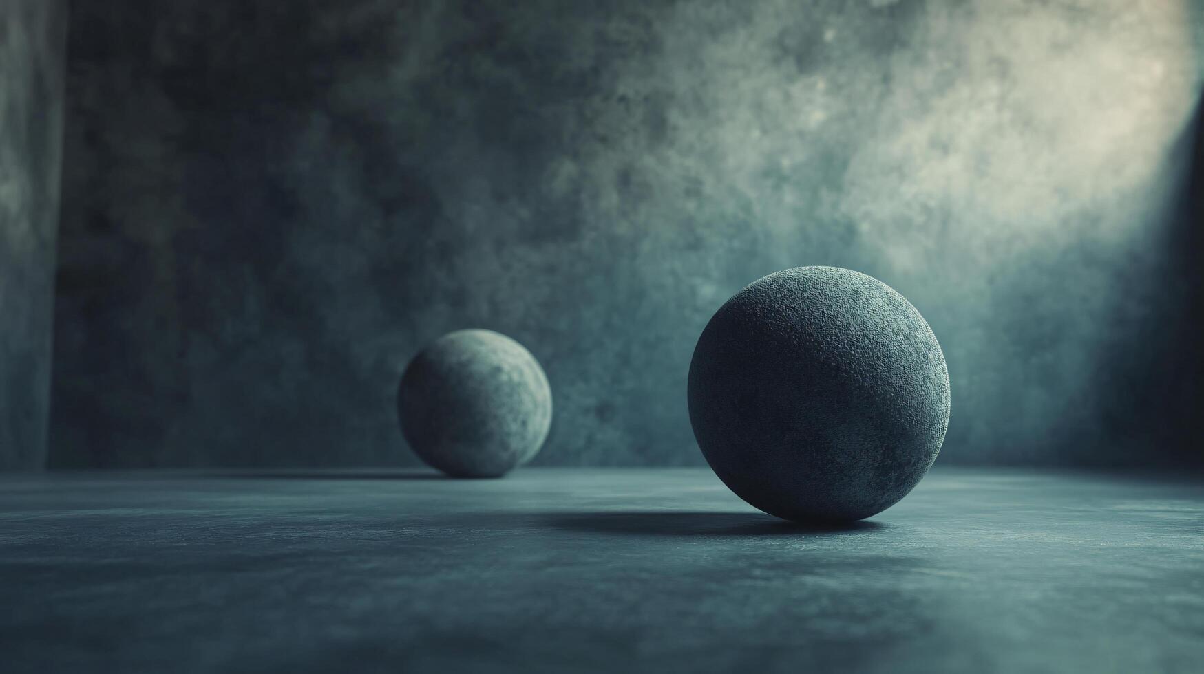 Two balls are on a grey surface, one of which is larger than the other. The scene is dark and moody, with the balls appearing to be floating in mid-air photo