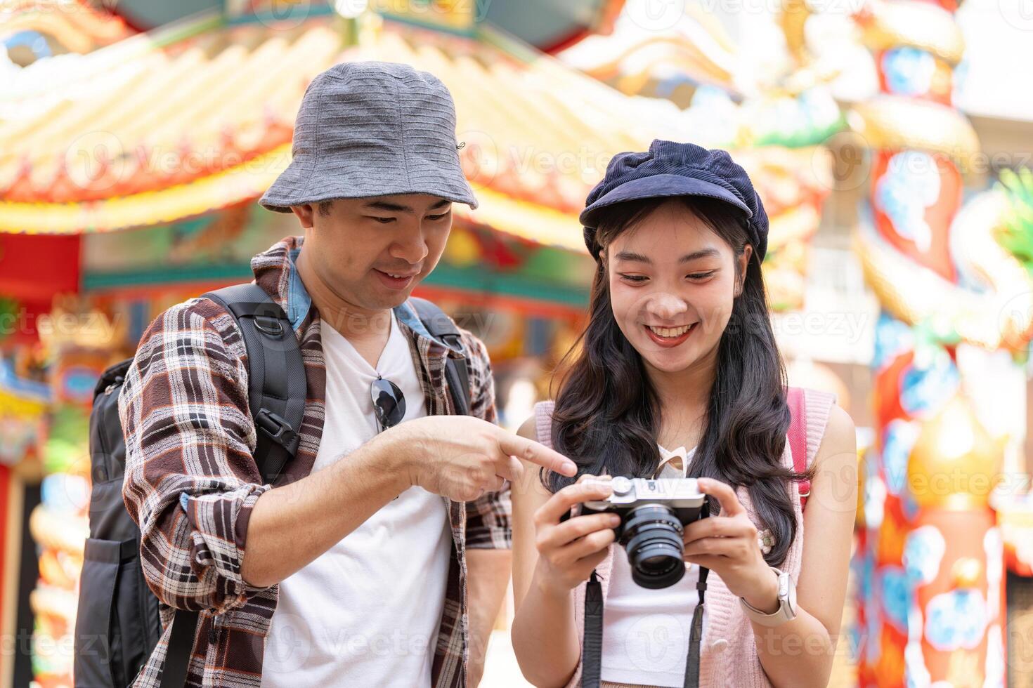 Joyful travel moments of a couple a colorful festival vibrant street adventure photo