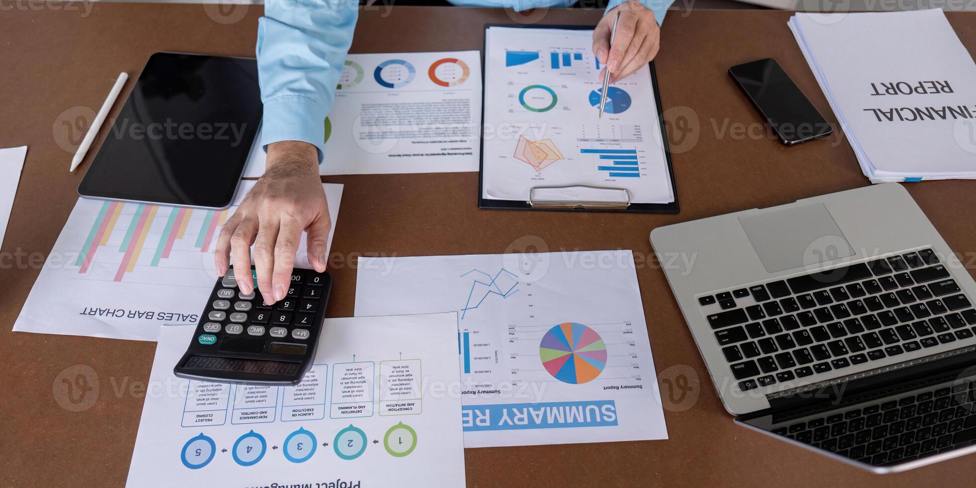 Business financial analysis office workspace document overview analytical environment top down view strategy insights photo