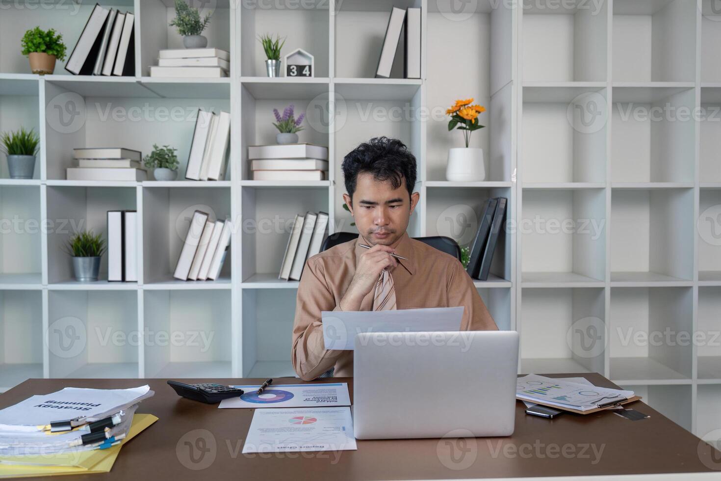 Analyzing business documents home office professional workspace modern environment focused perspective productivity concept photo