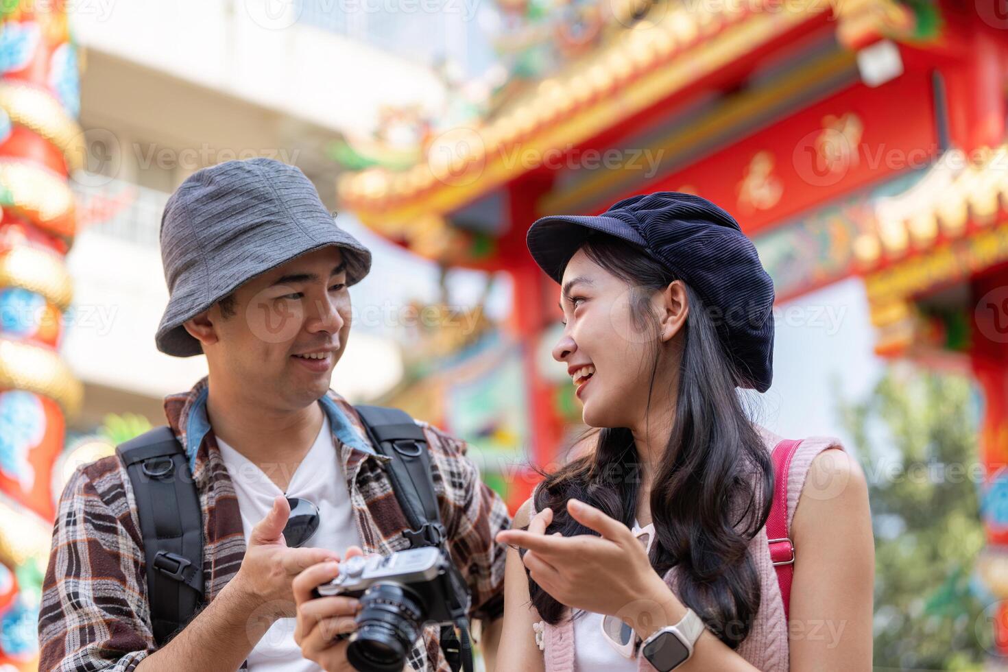 Travel adventures together a couple journey through cultural landmarks in a vibrant city environment photo