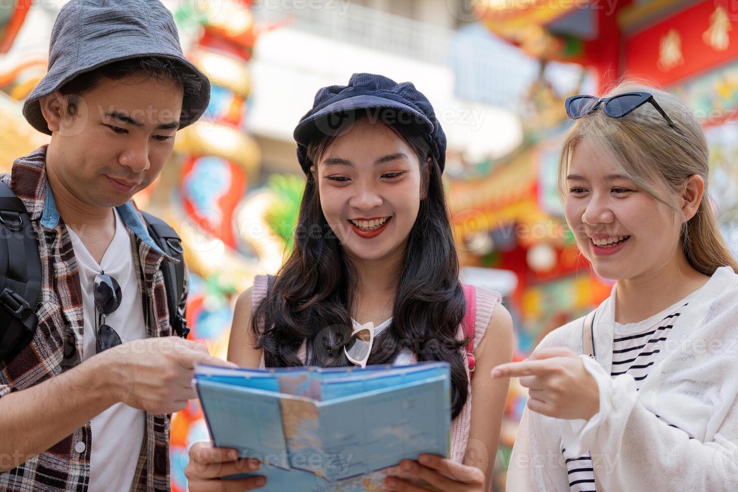 Travel adventures with friends in a colorful market engaging experience vibrant environment joyful exploration photo