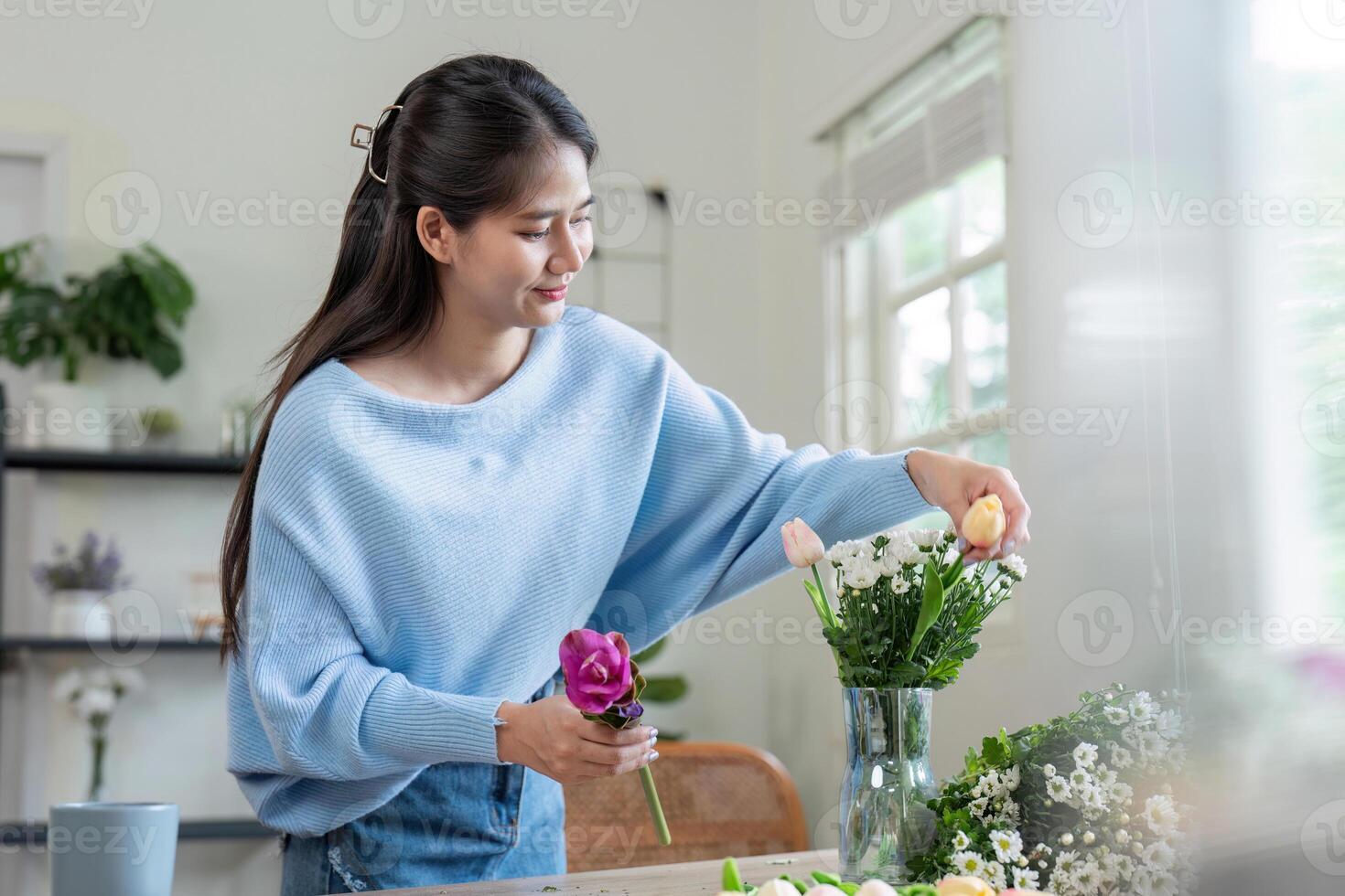 Flower arrangement workshop home interior lifestyle content bright environment casual view creative expression photo