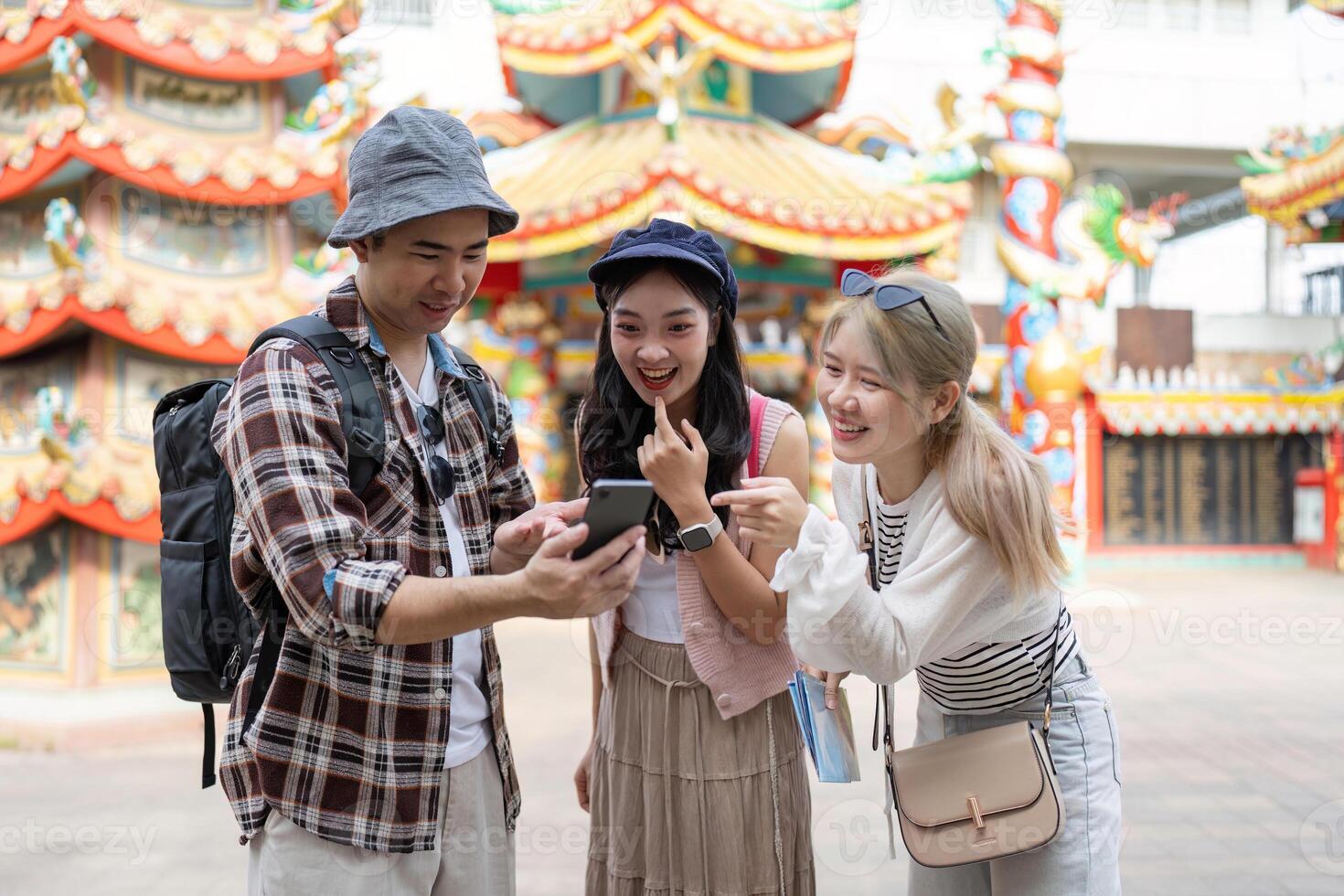 Traveling friends discover hidden gems together vibrant culture urban setting mobile adventure fun and connection photo