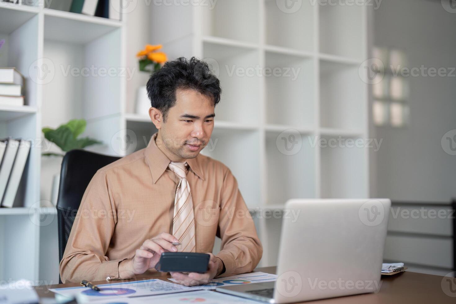 Business professional engaging with technology in modern office informal work environment digital communication concept photo