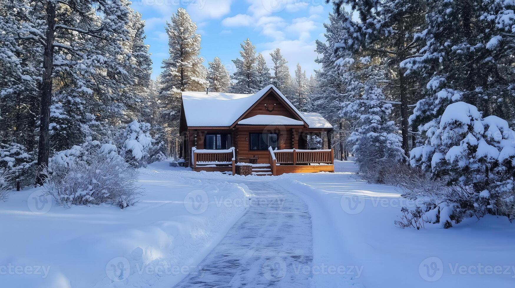 A small cabin in the snow surrounded by trees photo