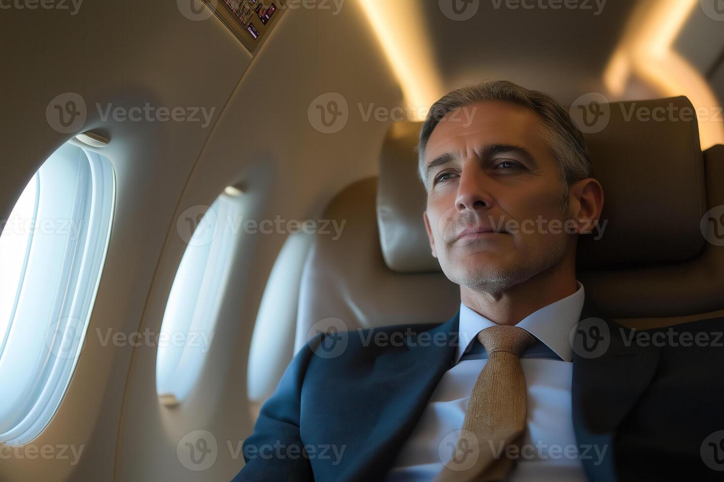 a man in a suit and tie is sitting in an airplane photo