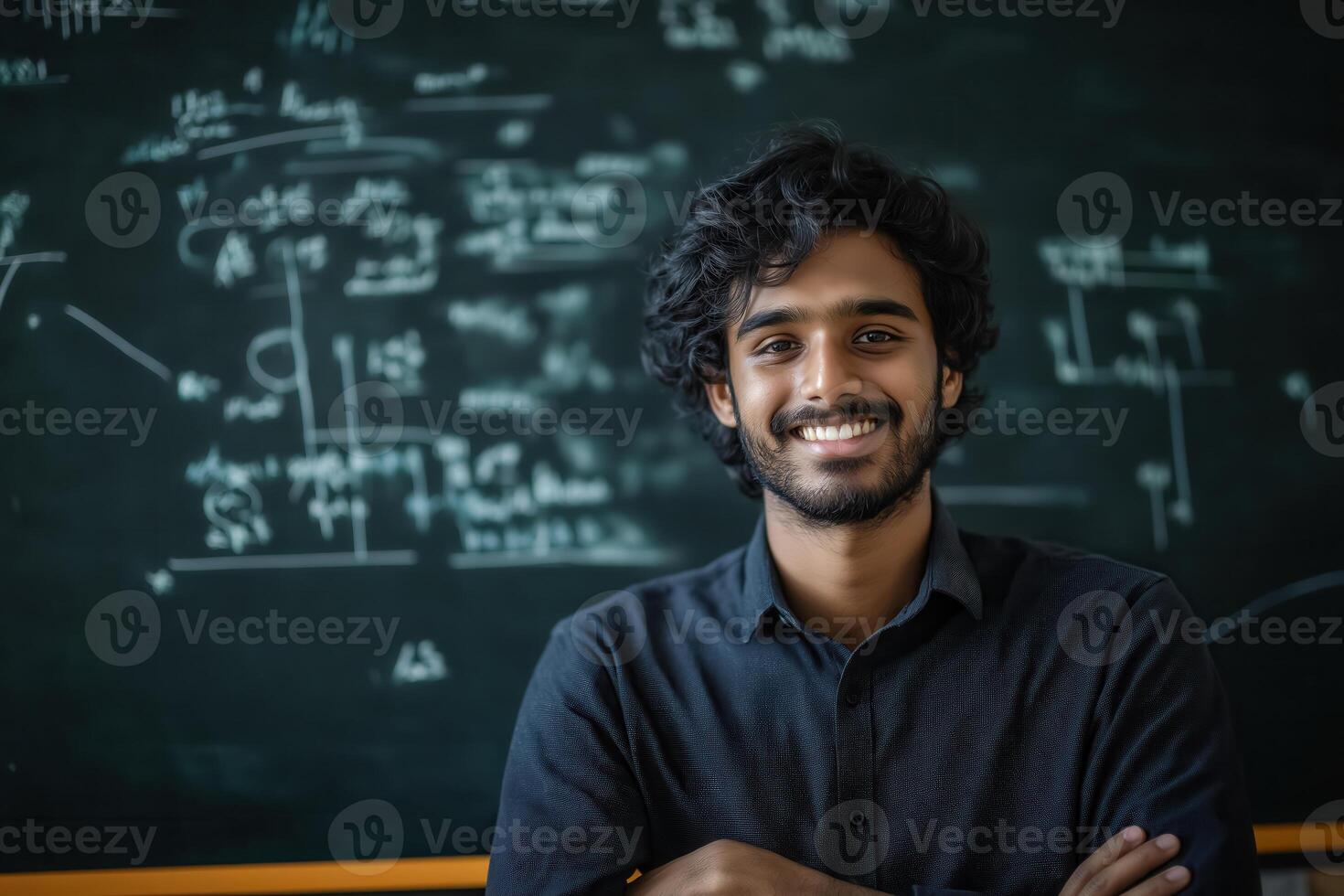 young indian happy genius in front of a board with mathematical equations photo