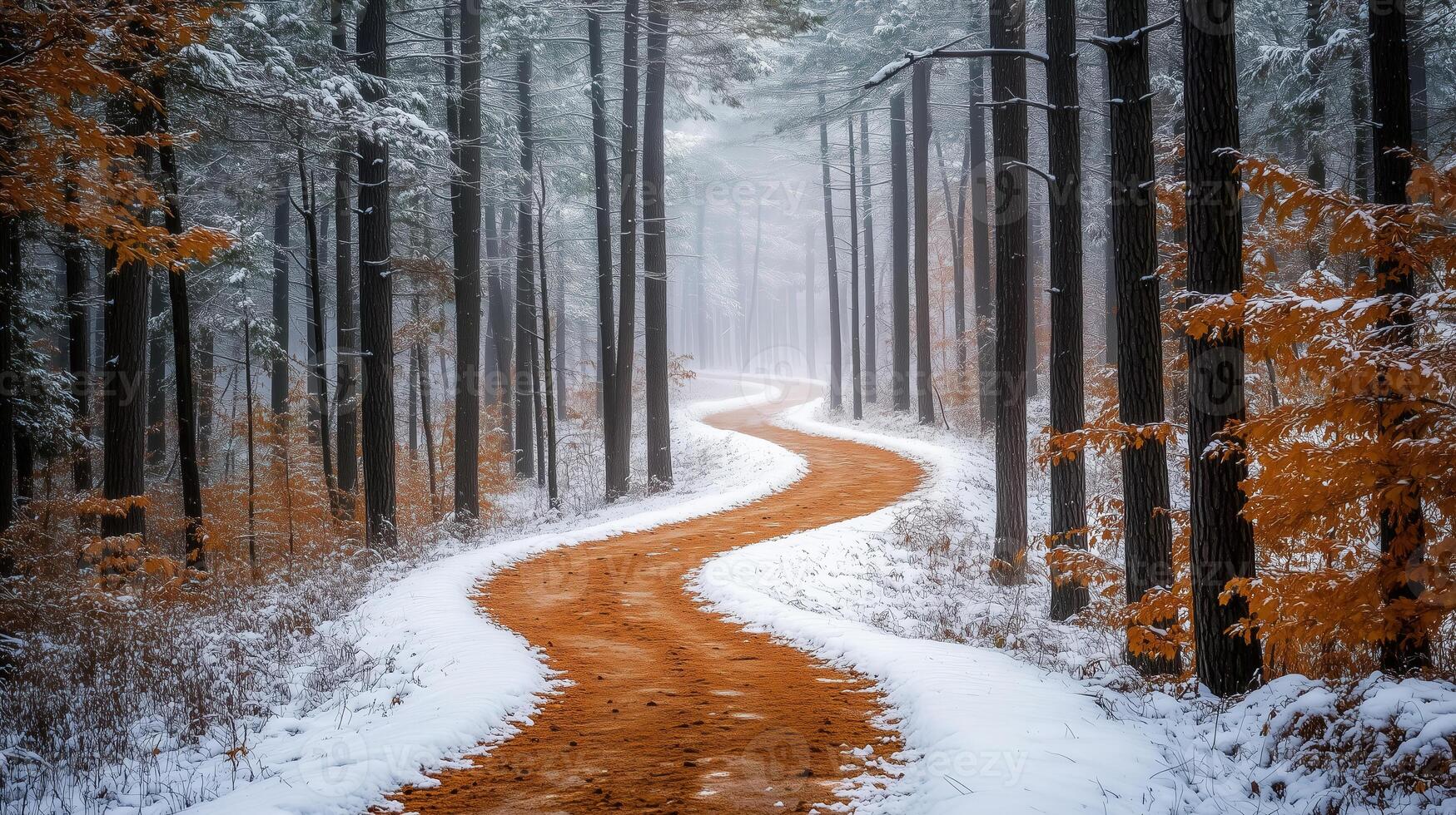 A snow covered path in the woods photo
