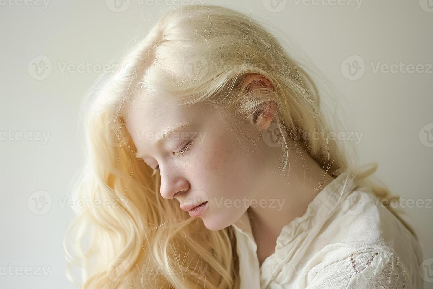 a woman with long blonde hair is looking down photo