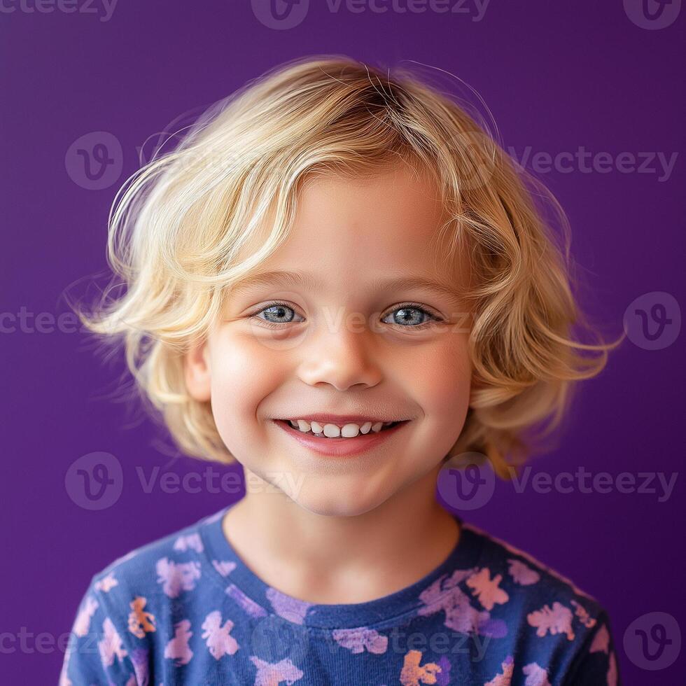a young blonde girl with blue eyes and a purple background photo