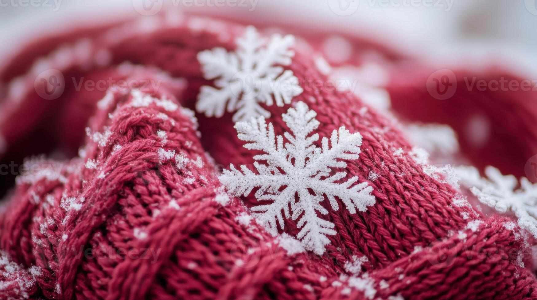 A close up of a red knitted scarf with snowflakes photo
