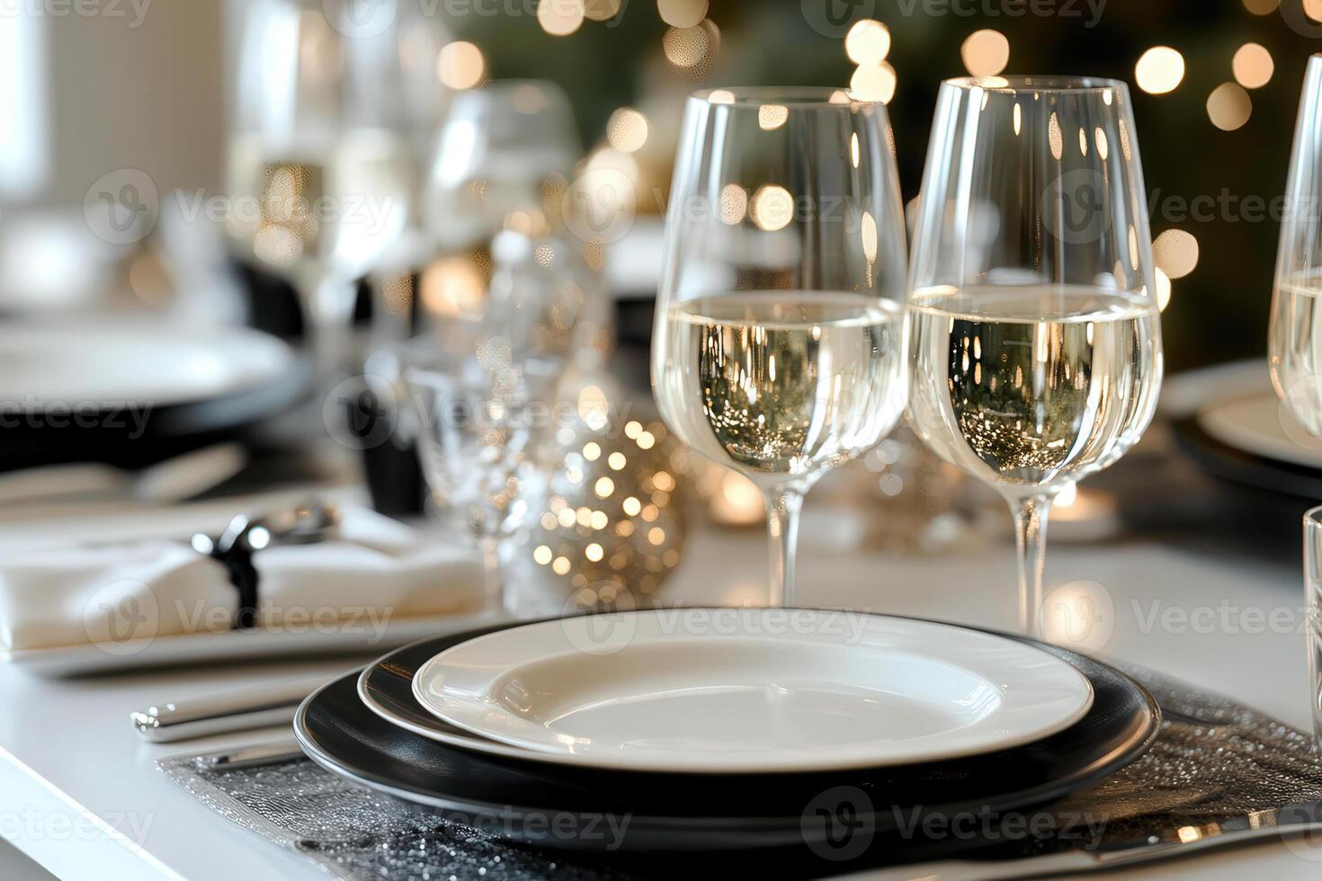 A table with wine glasses and plates photo
