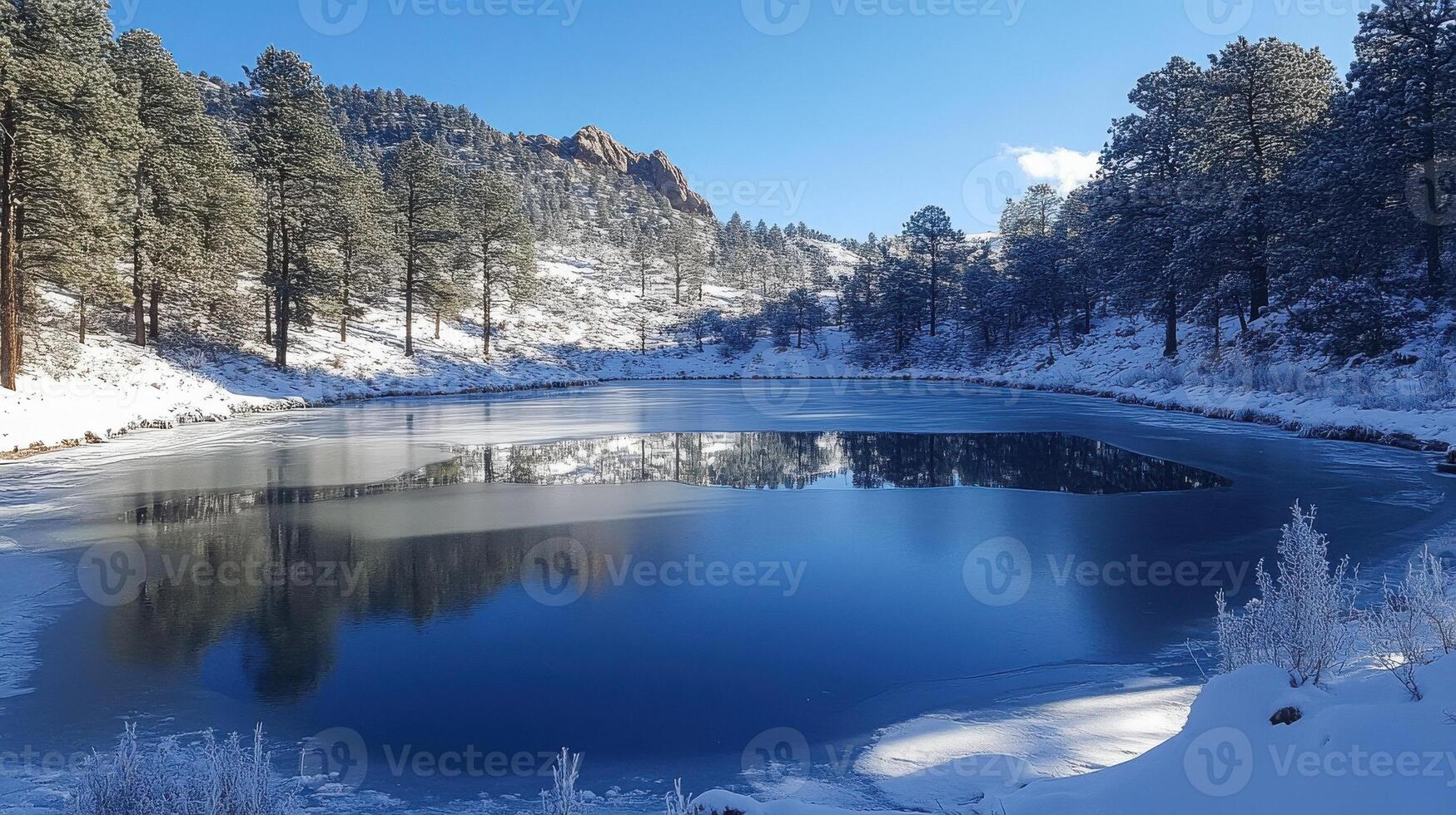 A frozen lake surrounded by trees in the snow photo