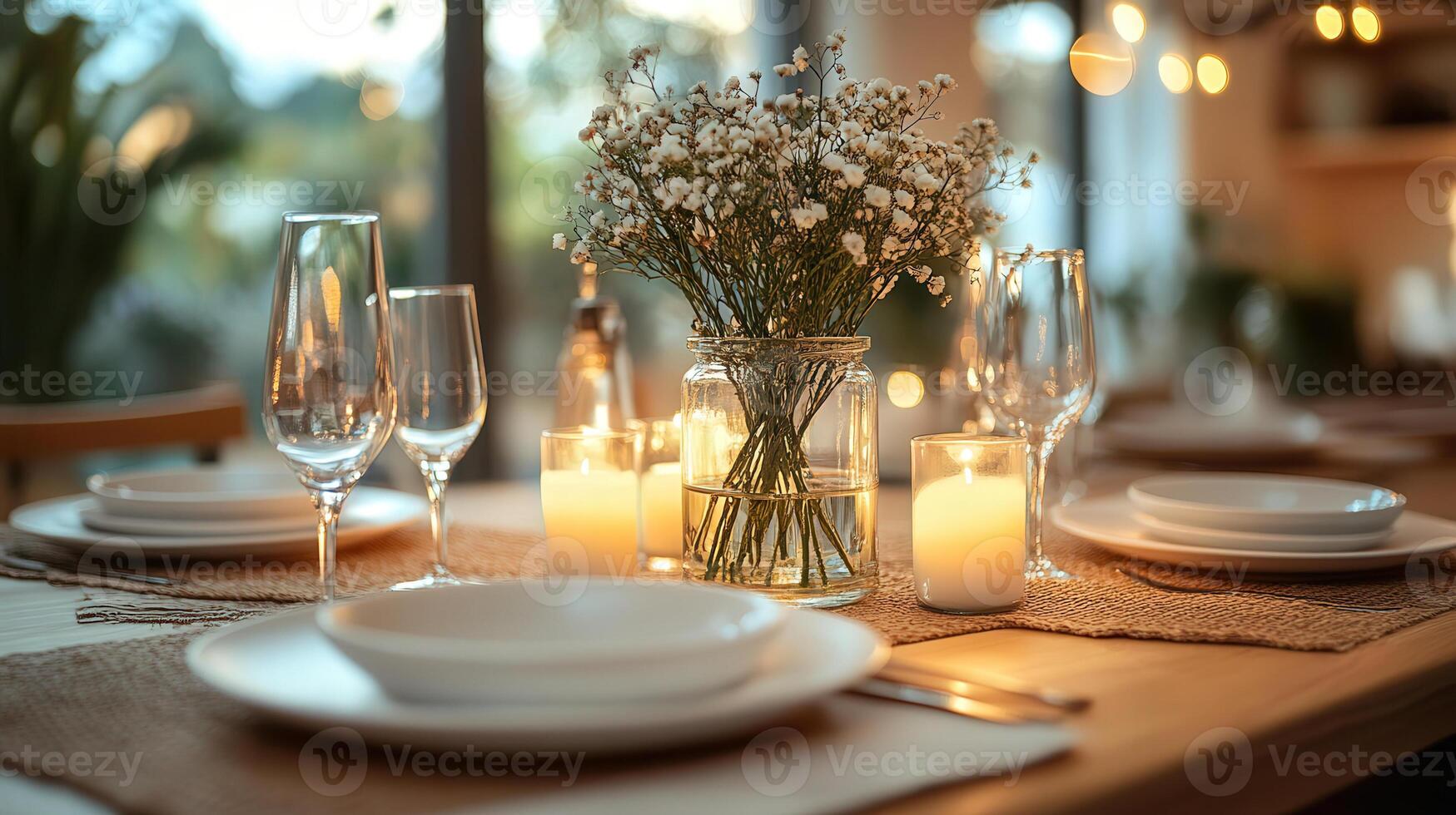 A table setting with candles and plates photo