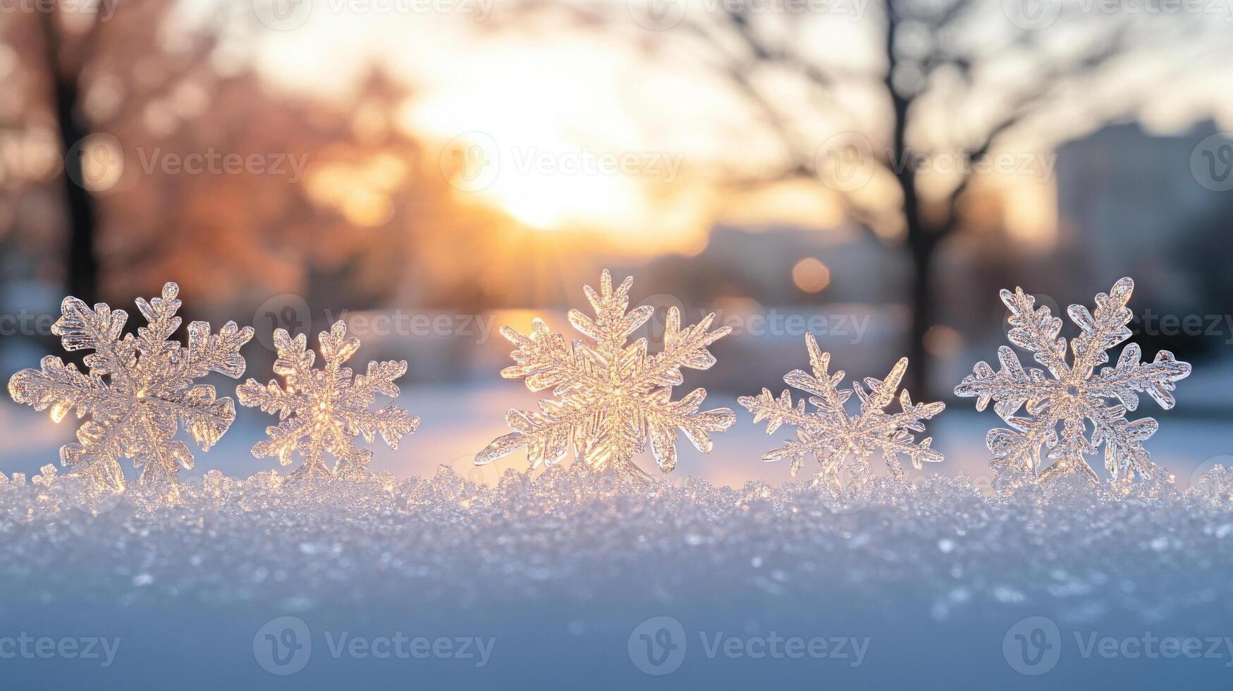 Snowflakes are shown in front of a sunset photo