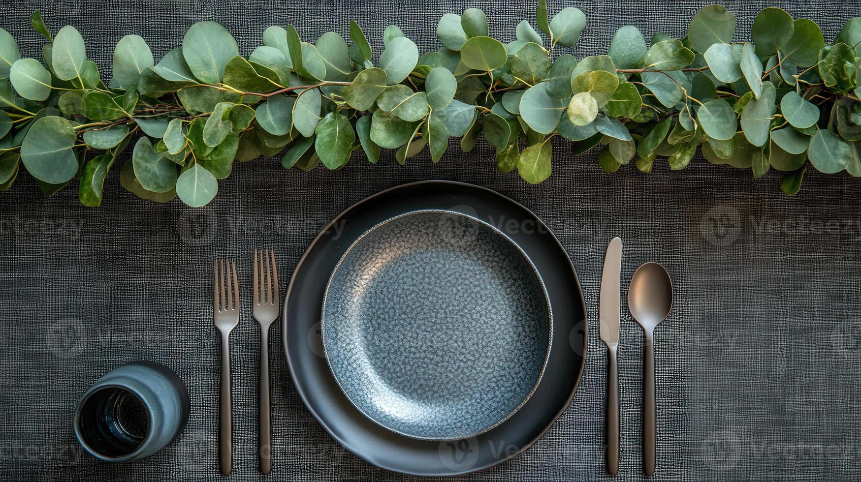 A black plate with silverware and a knife and fork photo