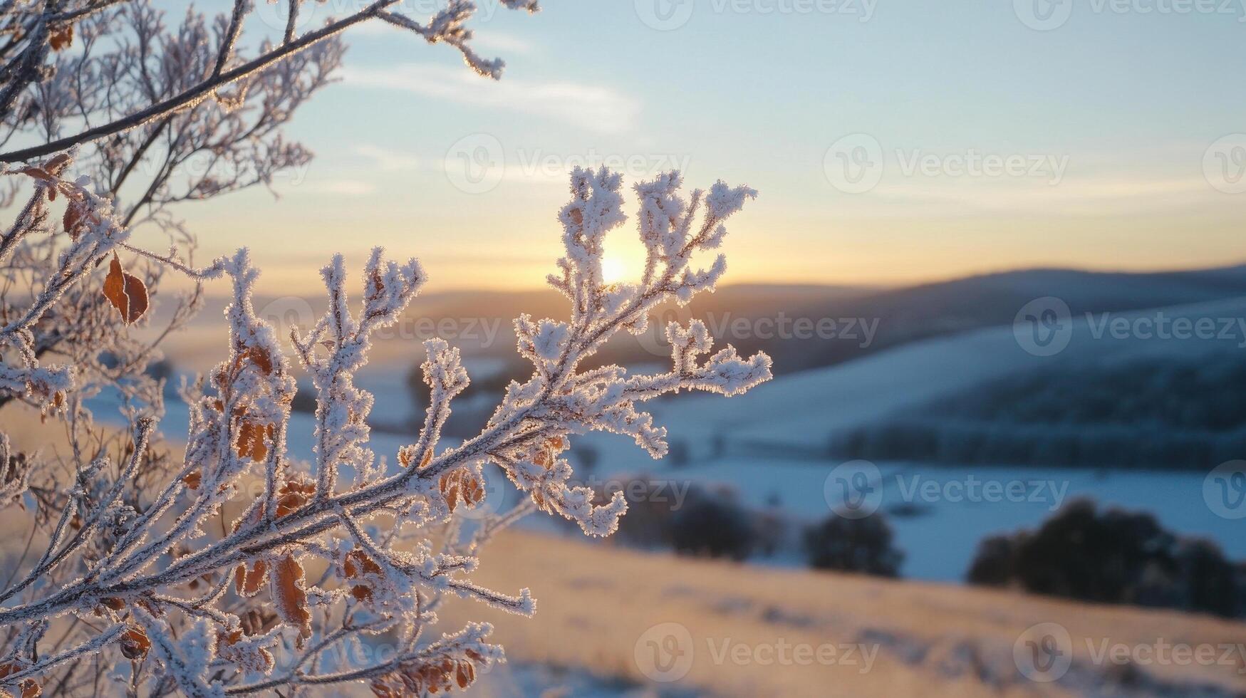 Winter landscape with frosty branches and trees photo
