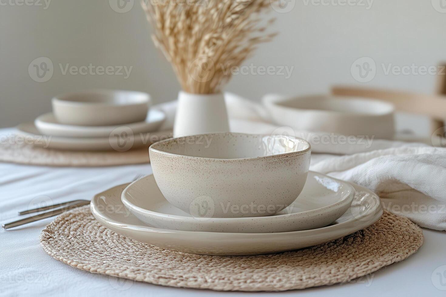 A table setting with white dishes and a bowl photo