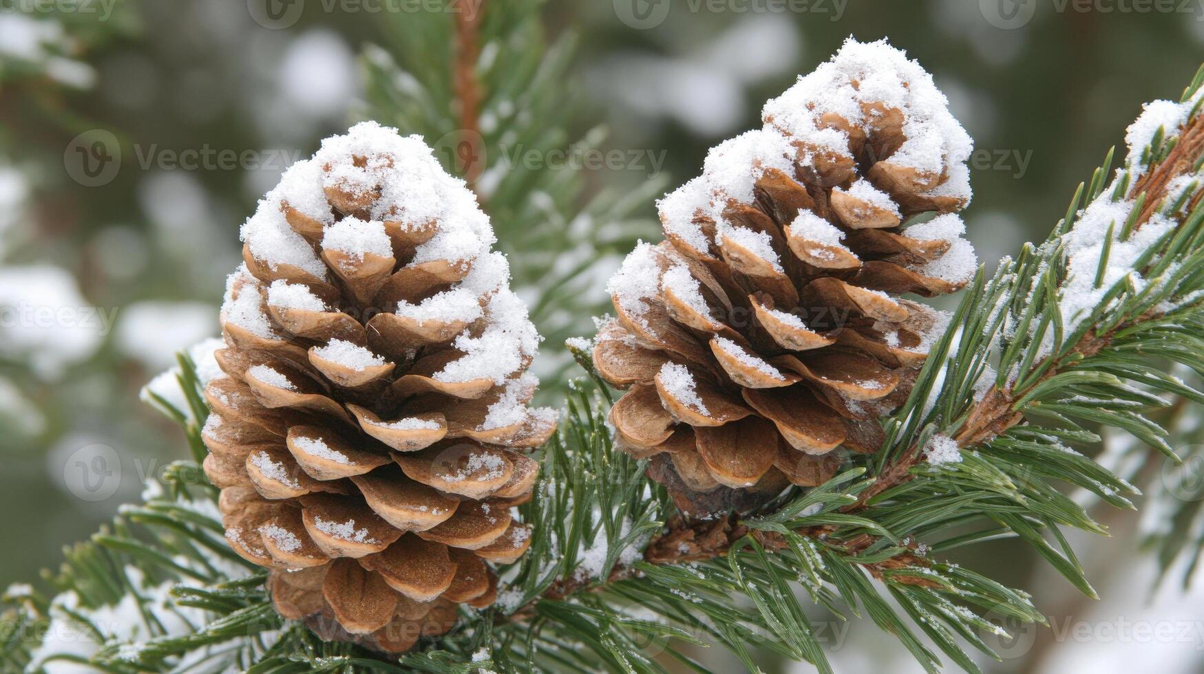 Two pine cones are on a branch covered in snow photo