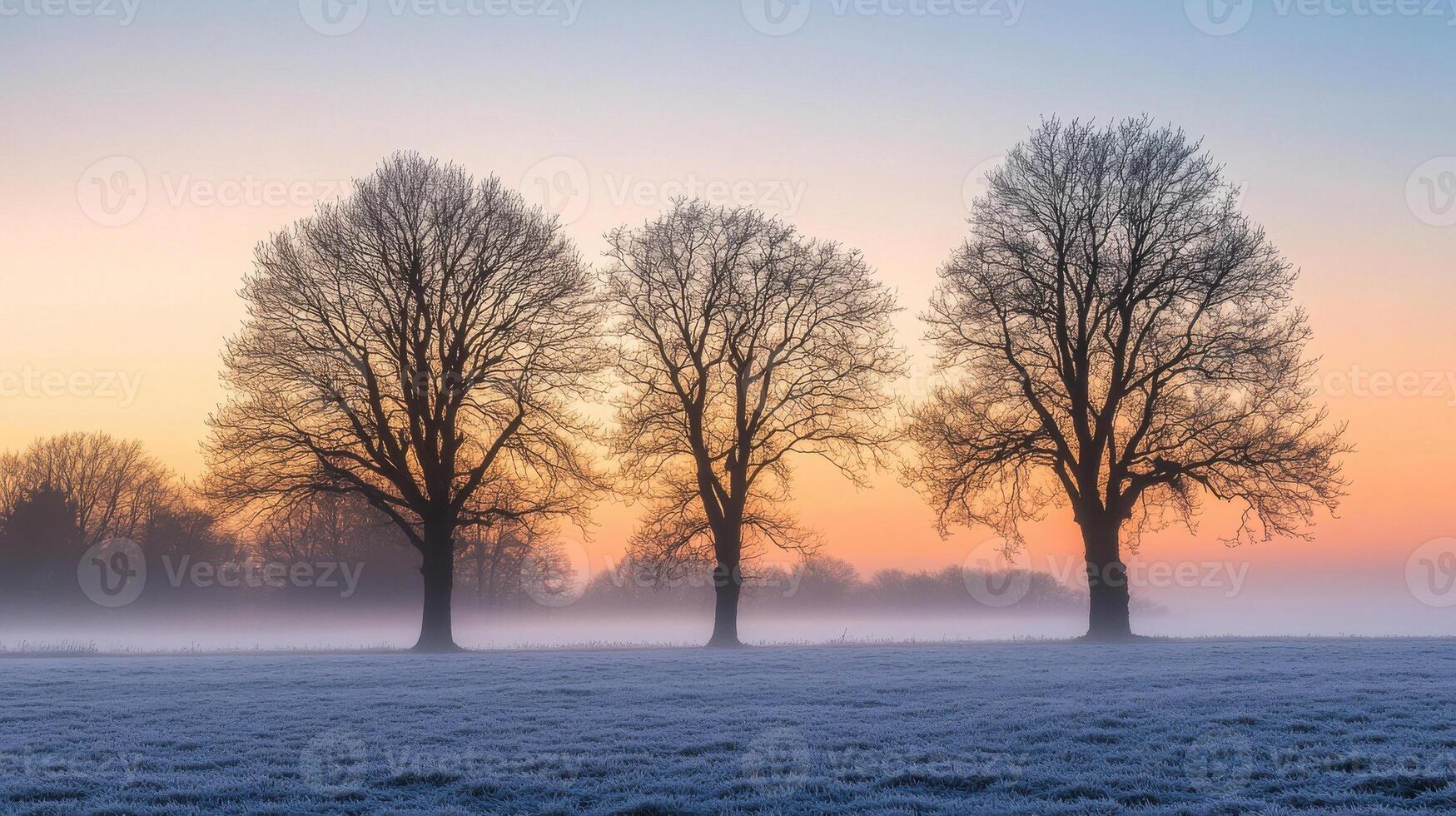 Three trees in a field at sunrise photo