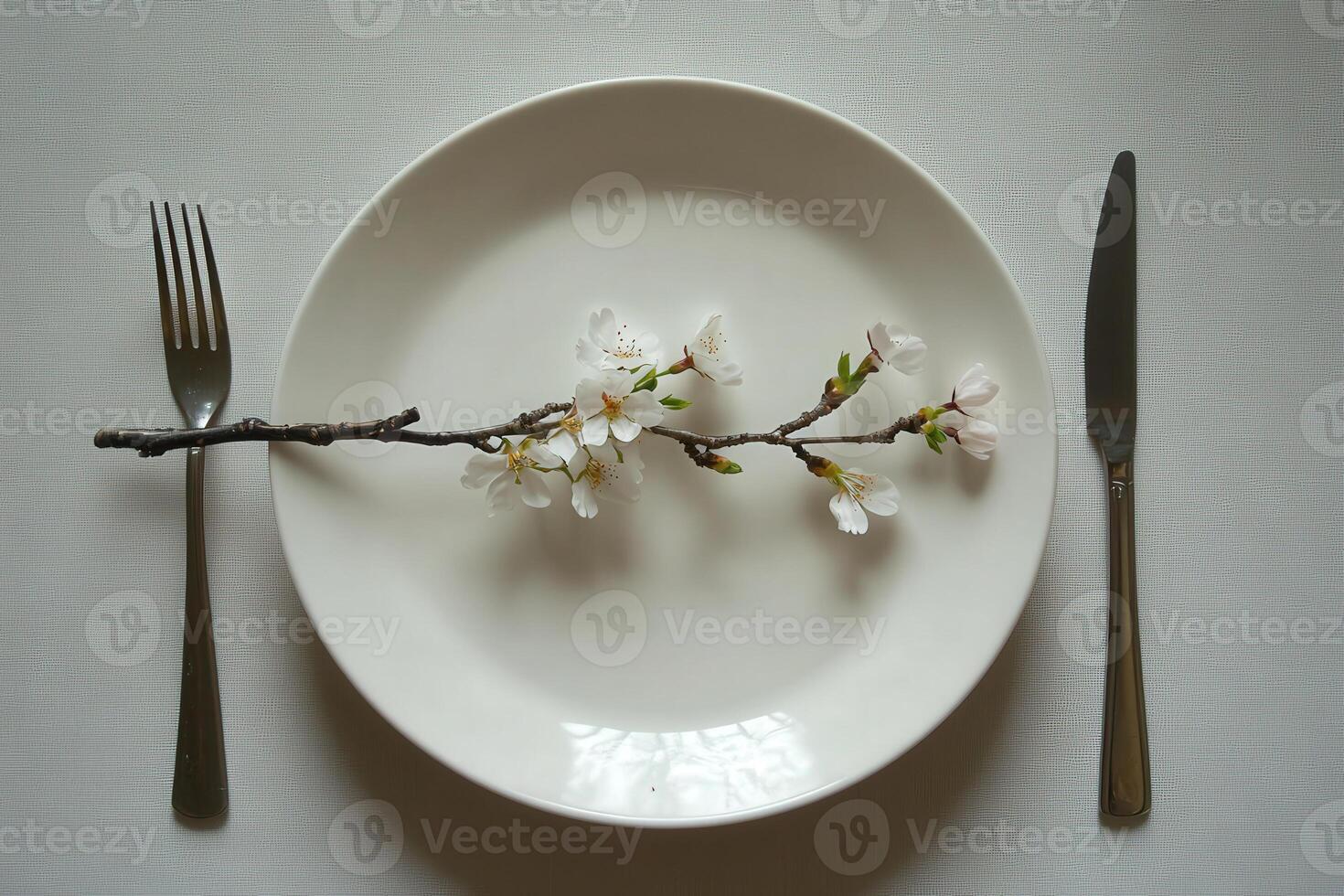 A white plate with a fork and knife on it photo
