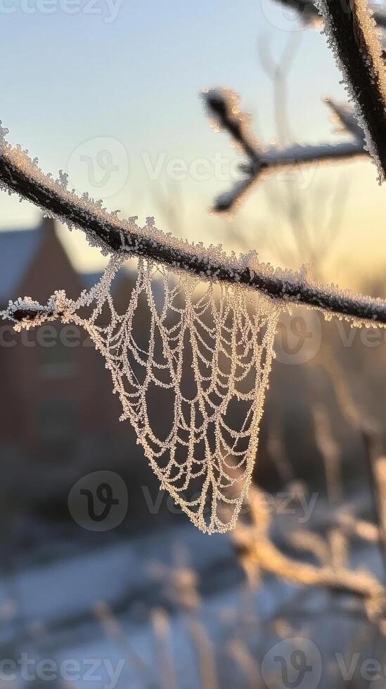 A spider web is covered in frost on a branch photo