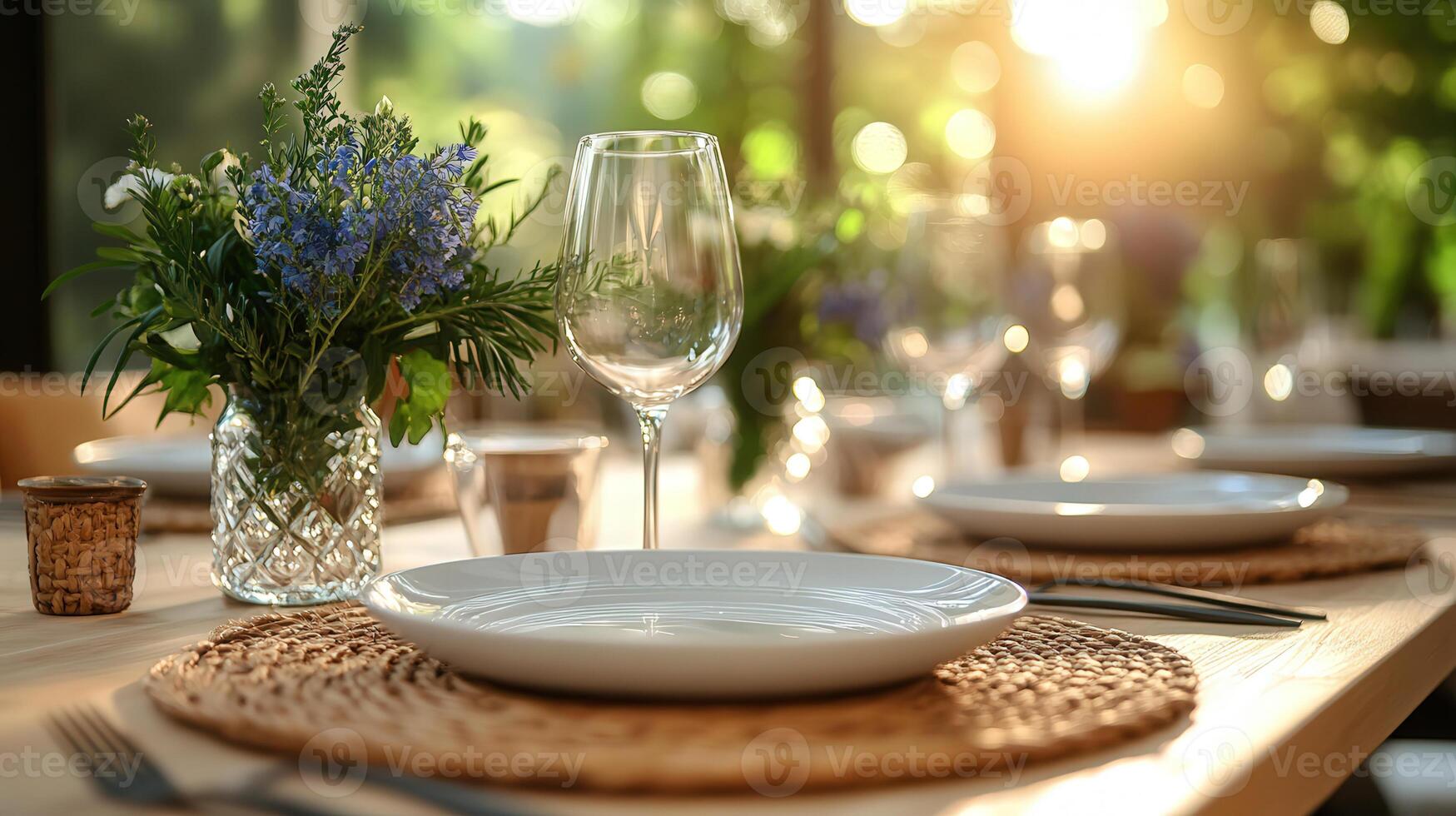 A table setting with white plates and glasses photo