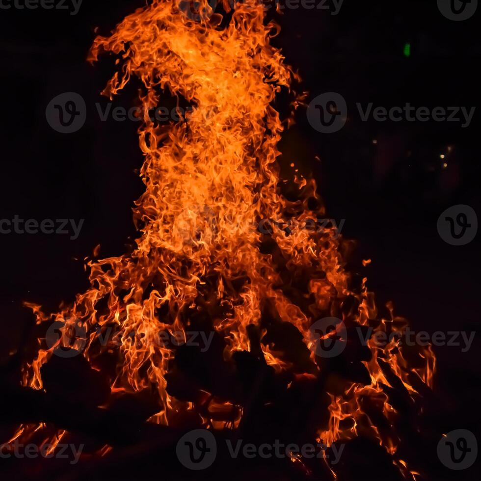 Fire flames on black background, Blaze fire flame texture background, Beautifully, the fire is burning, Fire flames with wood and cow dung bonfire photo