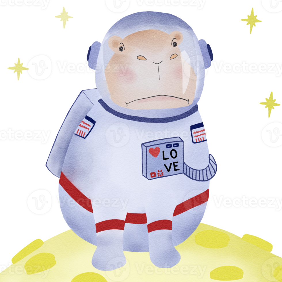 A charming and humorous digital Illustration of a hippo dressed as an astronaut. png