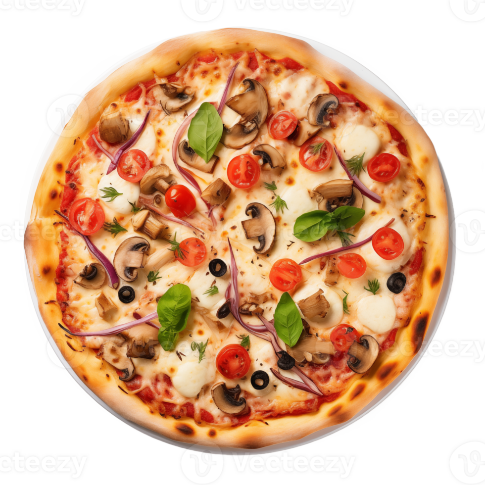Delicious Mushroom Tomato Pizza Overhead Shot png