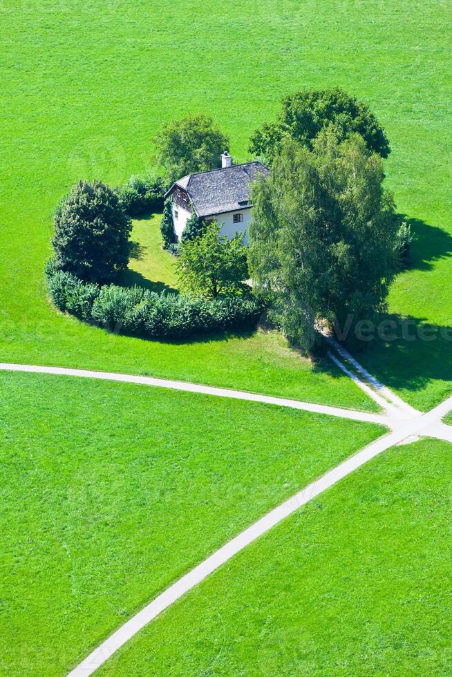 Intersection of five walking paths in green field photo