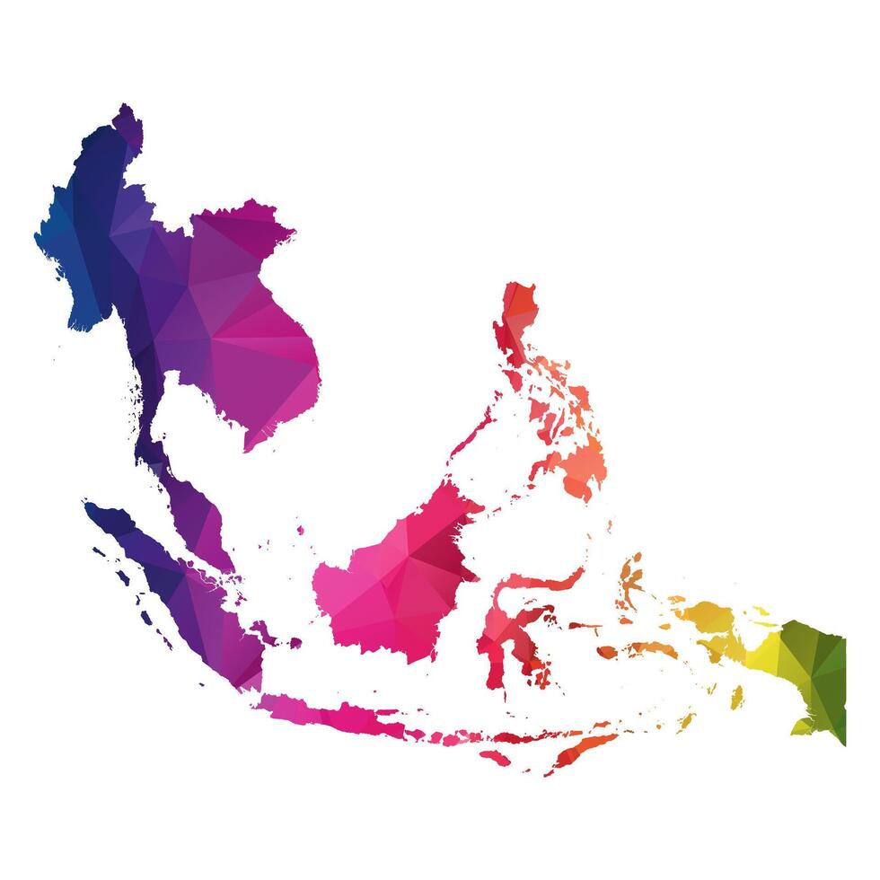 Abstract Polygon Map - illustration Low Poly Color Rainbow Southeast Asia map of isolated. Illustration eps10. vector