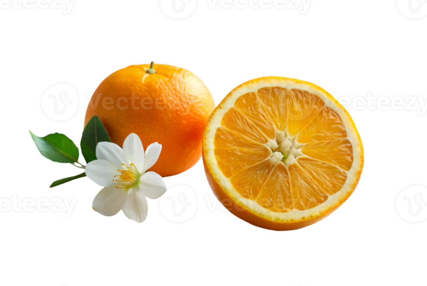 An orange cut in half sits atop fresh fruit png