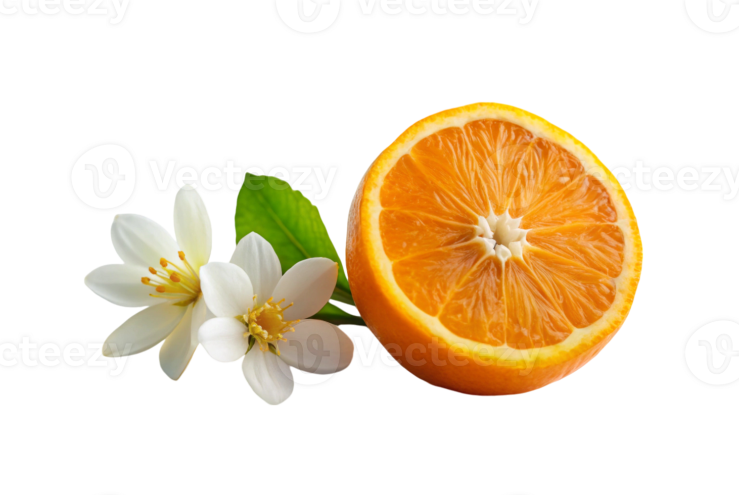 An orange cut in half sits atop a dish png