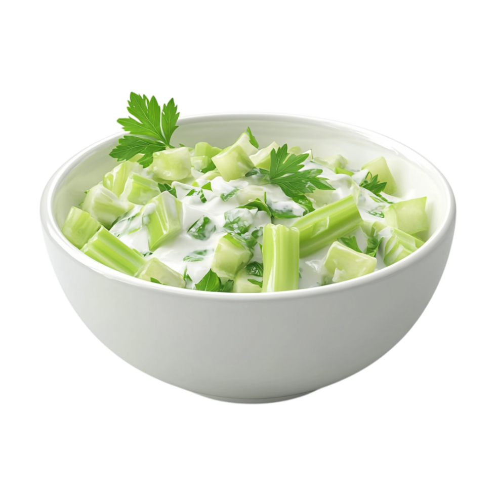A bowl of celery and yogurt with parsley png