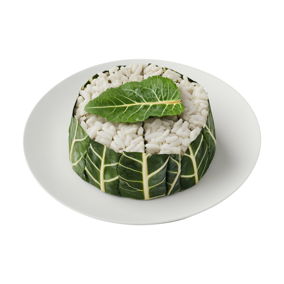 A plate with rice and leaves on it png
