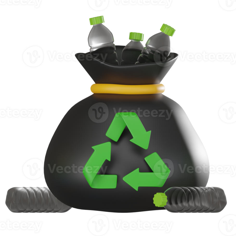 3D render, Recycle Bottle in Trash Bag, Icon Illustration png