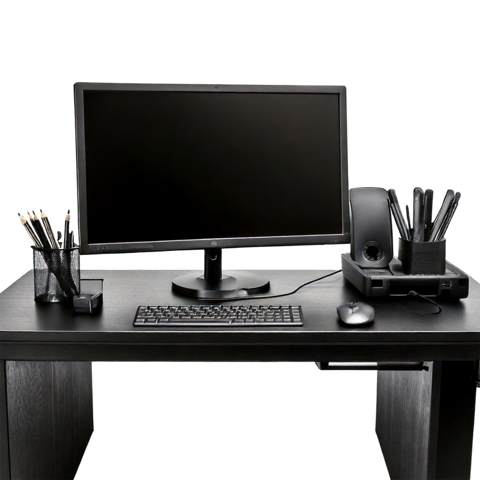 A black desk with a computer monitor, keyboard, mouse and other items png