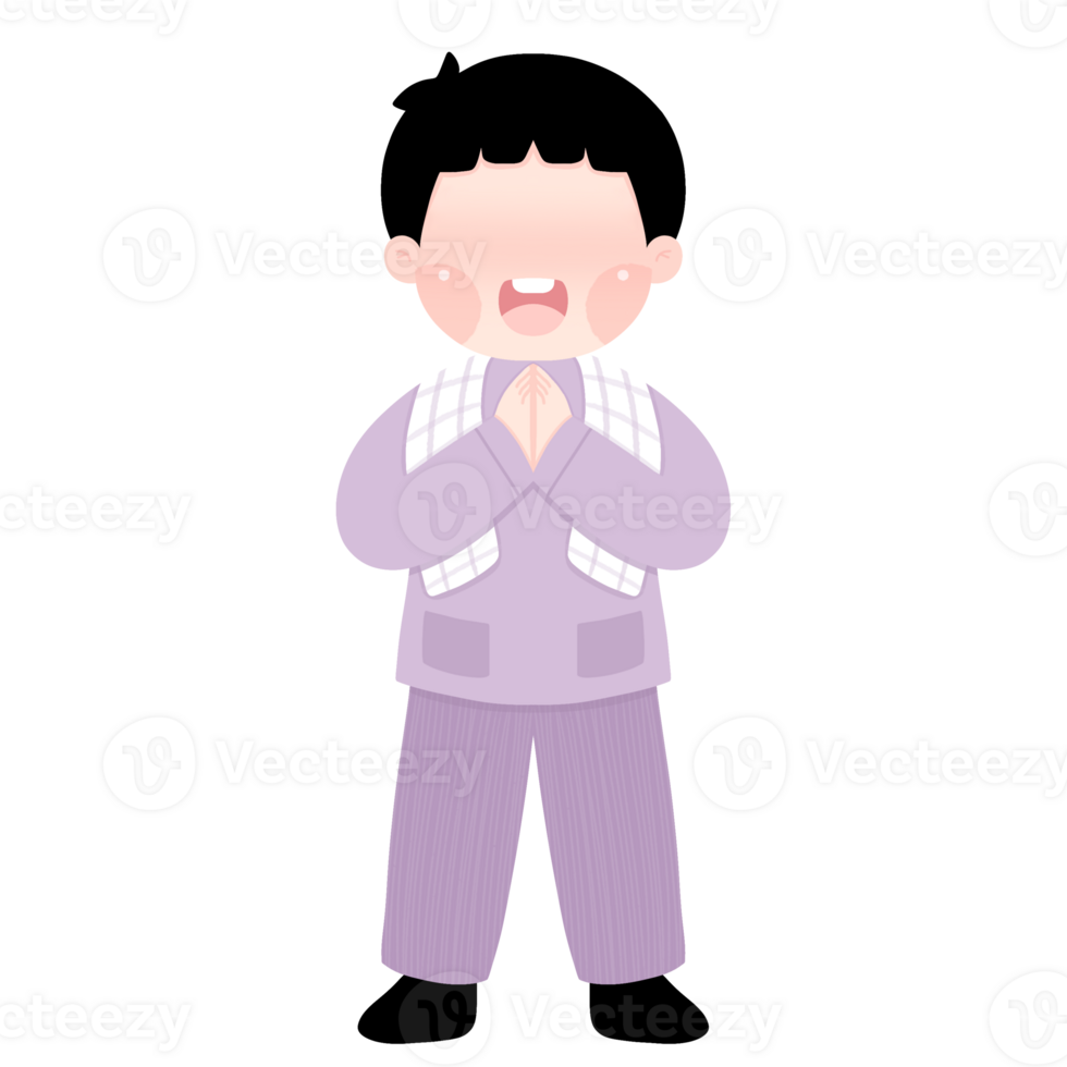 A cartoon boy in a purple suit with his hands folded png