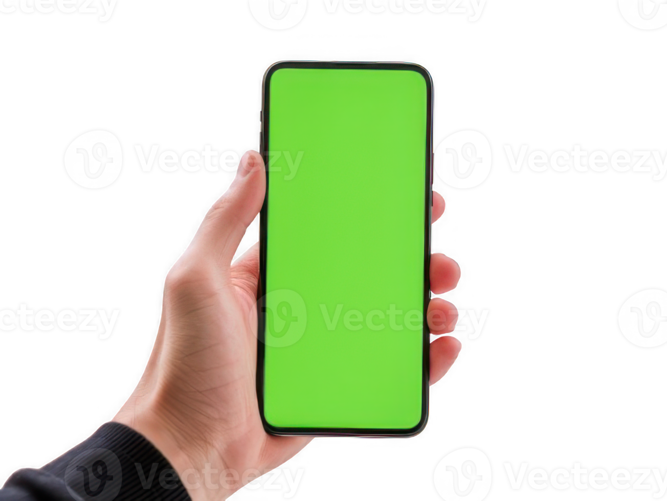 Man hand holding smartphone with green screen png