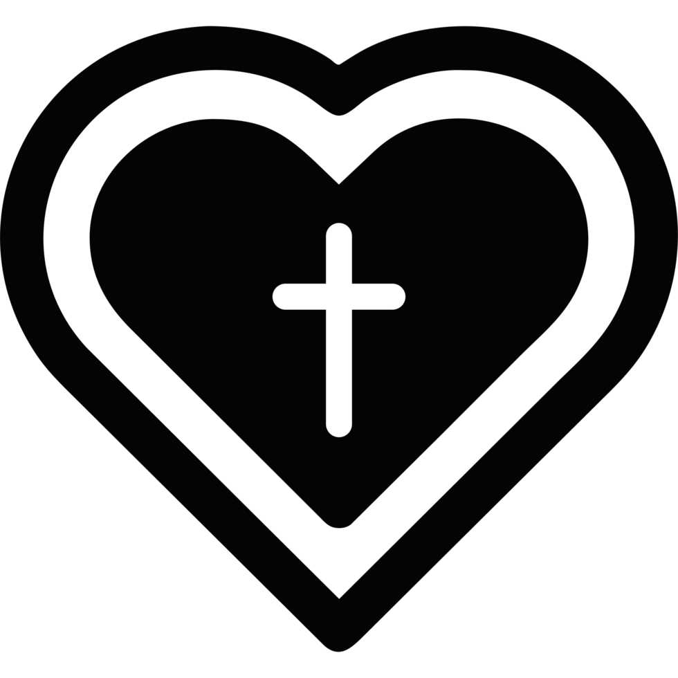 A black and white heart with a cross inside png