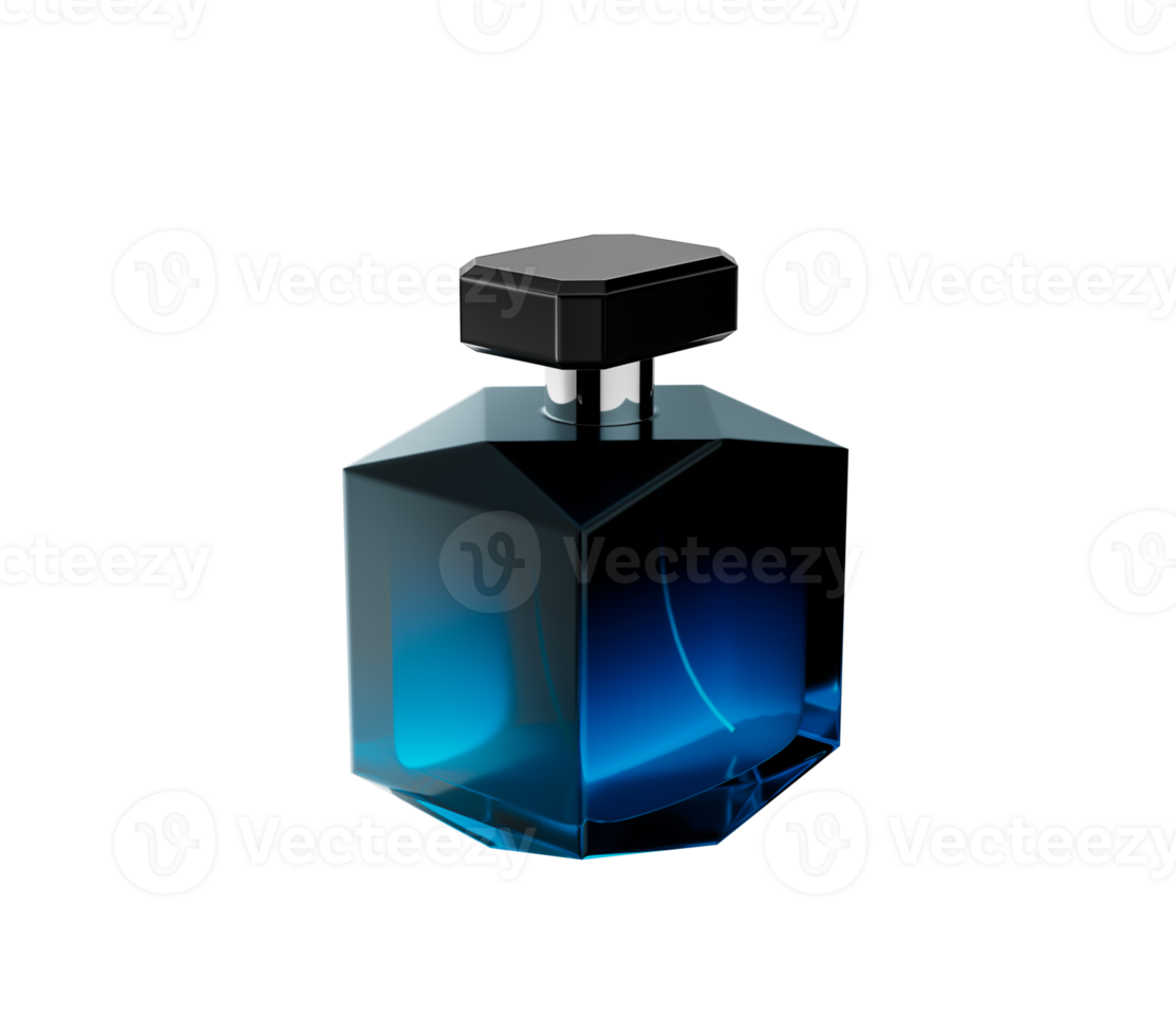 Blue Glass Perfume Bottle With A Shiny Black Cap Glimmers On A Reflective Base 3D Illustration png