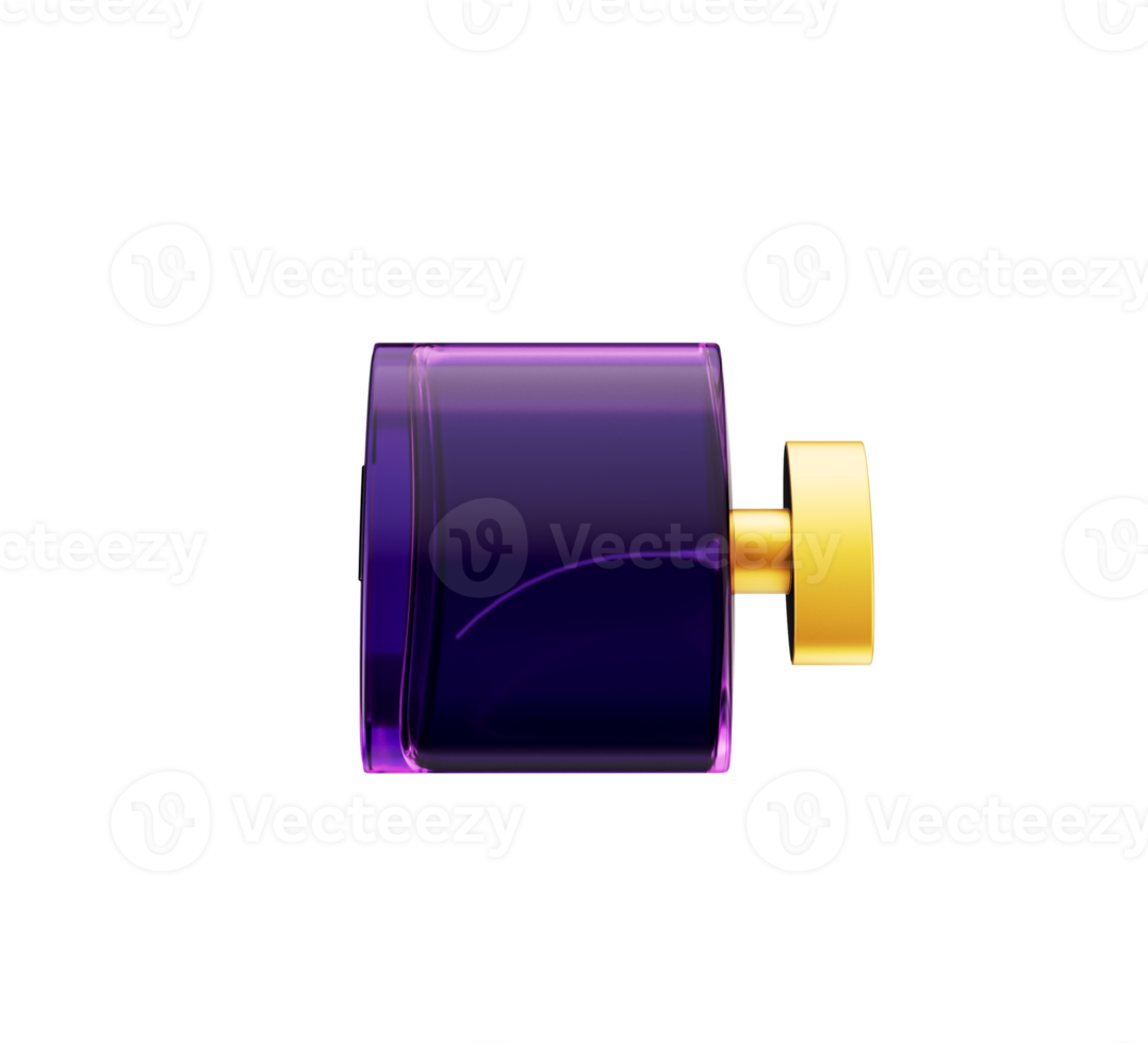 Purple Crystal Clear Glass Perfume Bottle With Golden Cap On Purple 3D Illustration png