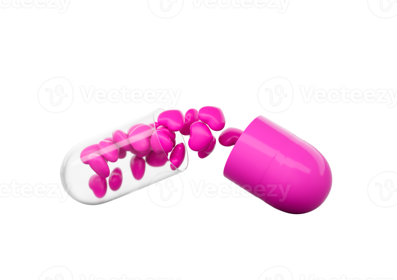 An Open Pink And Glossy Capsule With Minimal Heart Shaped Pills Spilling Out 3D Illustration png