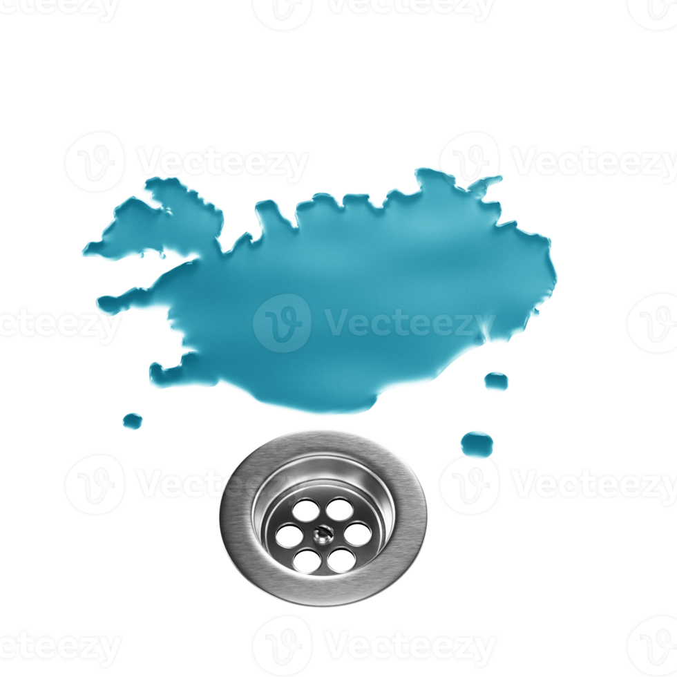 Iceland Water Map With Drainage Metal Sink Save Water And Water Wastage Concept 3D Illustration png