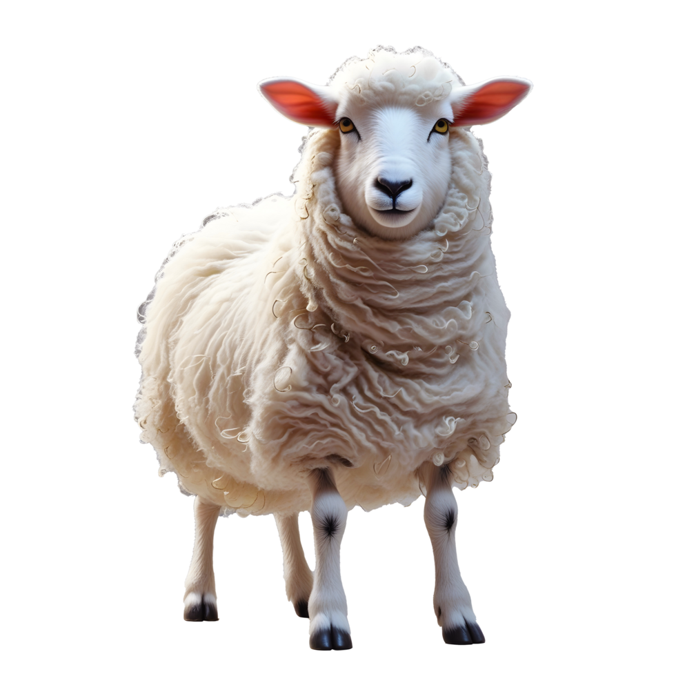 Photorealistic Sheep with Fluffy White Wool and Red Ears High Resolution Portrait png