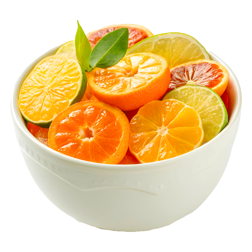 Vibrant Citrus Fruits in White Ceramic Bowl with Sliced Oranges and Lemons png
