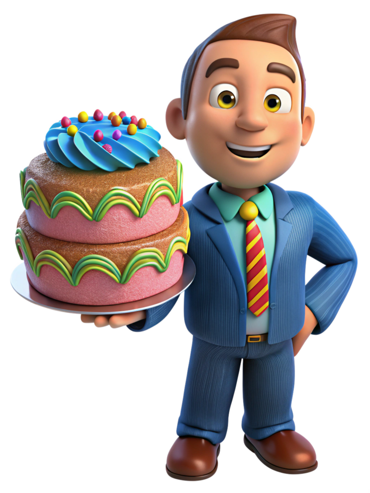 Dad Presenting a Colorful Cake for His Son Birthday Party png