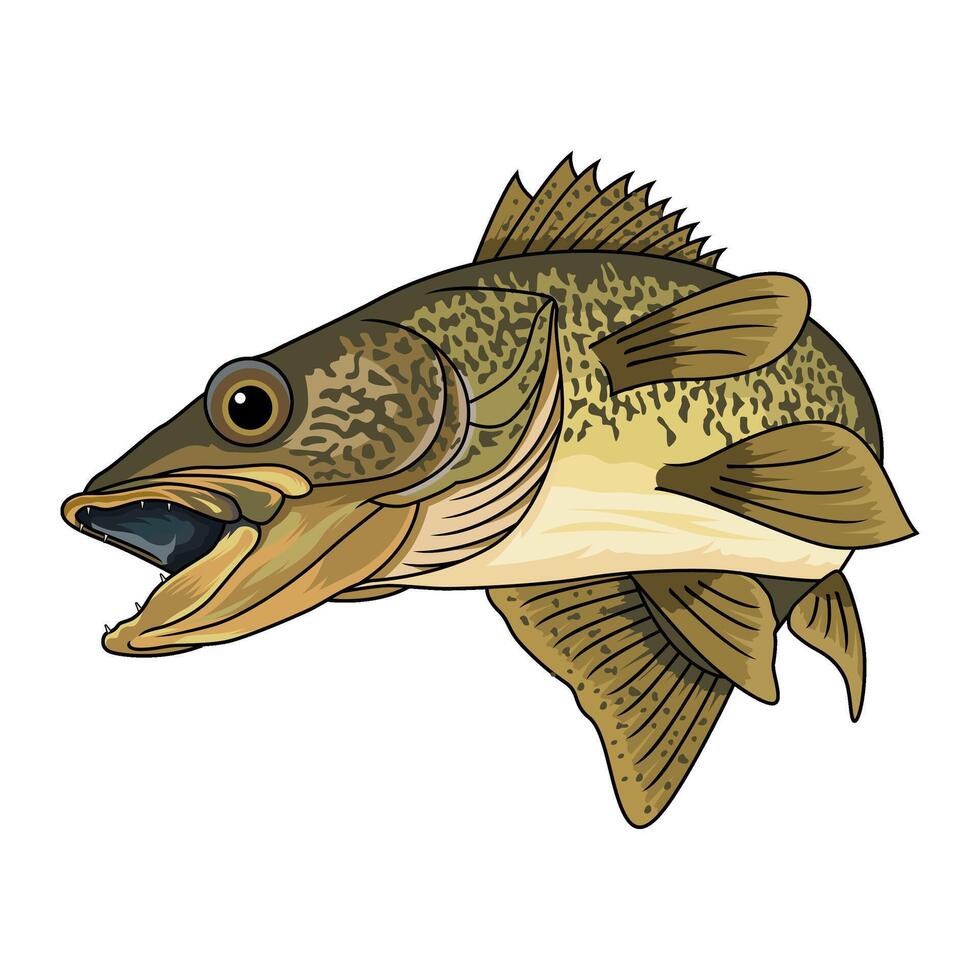 walleye fish jumping and twisting fishing logo illustration vector